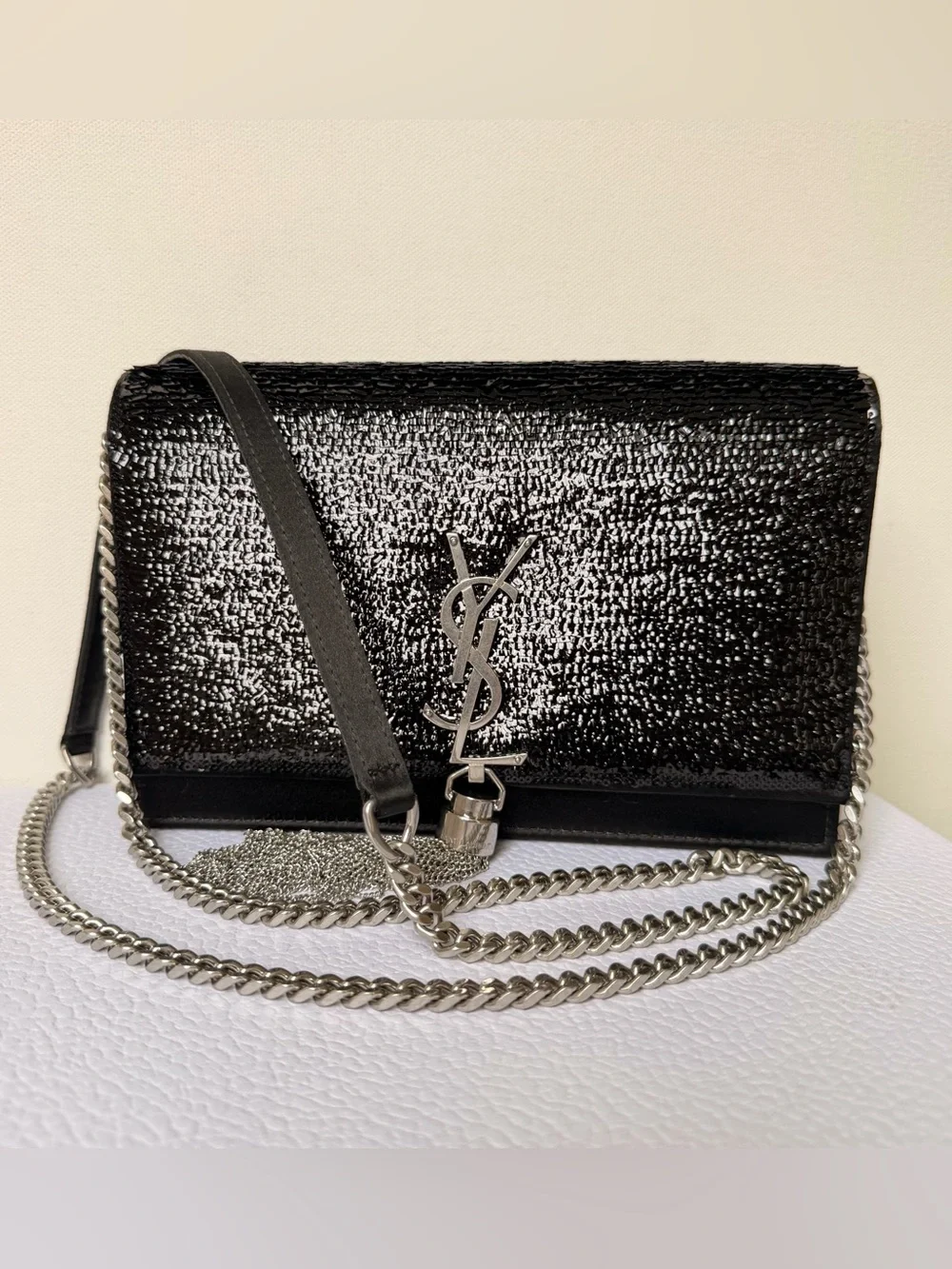 Saint Laurent Kate Tassel Chain Wallet Sequins Black Silver HW - Picture 2 of 14